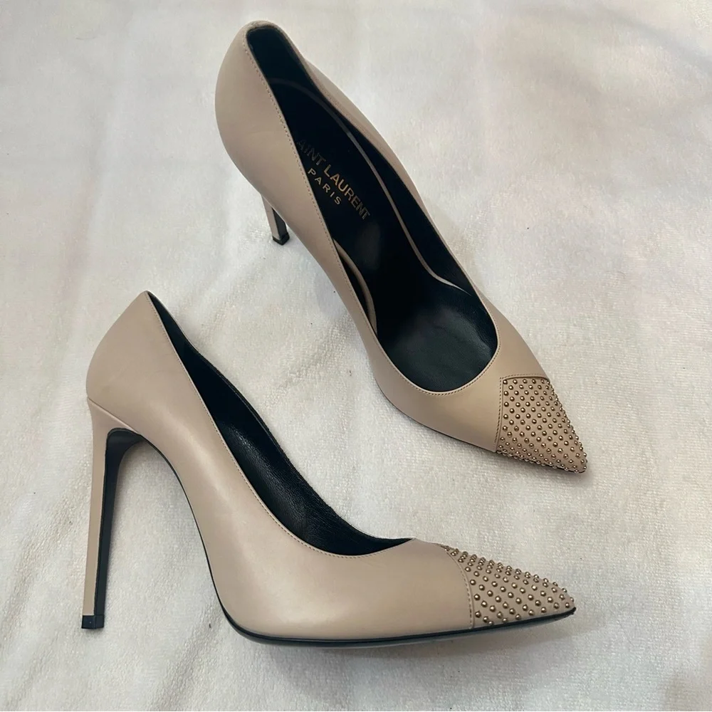 Saint Laurent Paris Beige Studded Cap Toe Pumps Size ysl 39EU - Picture 2 of 11
